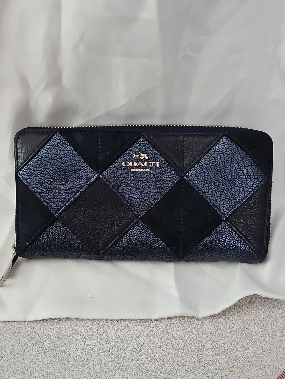 Coach Diamond Patchwork Zip Wallet in Navy and Black
